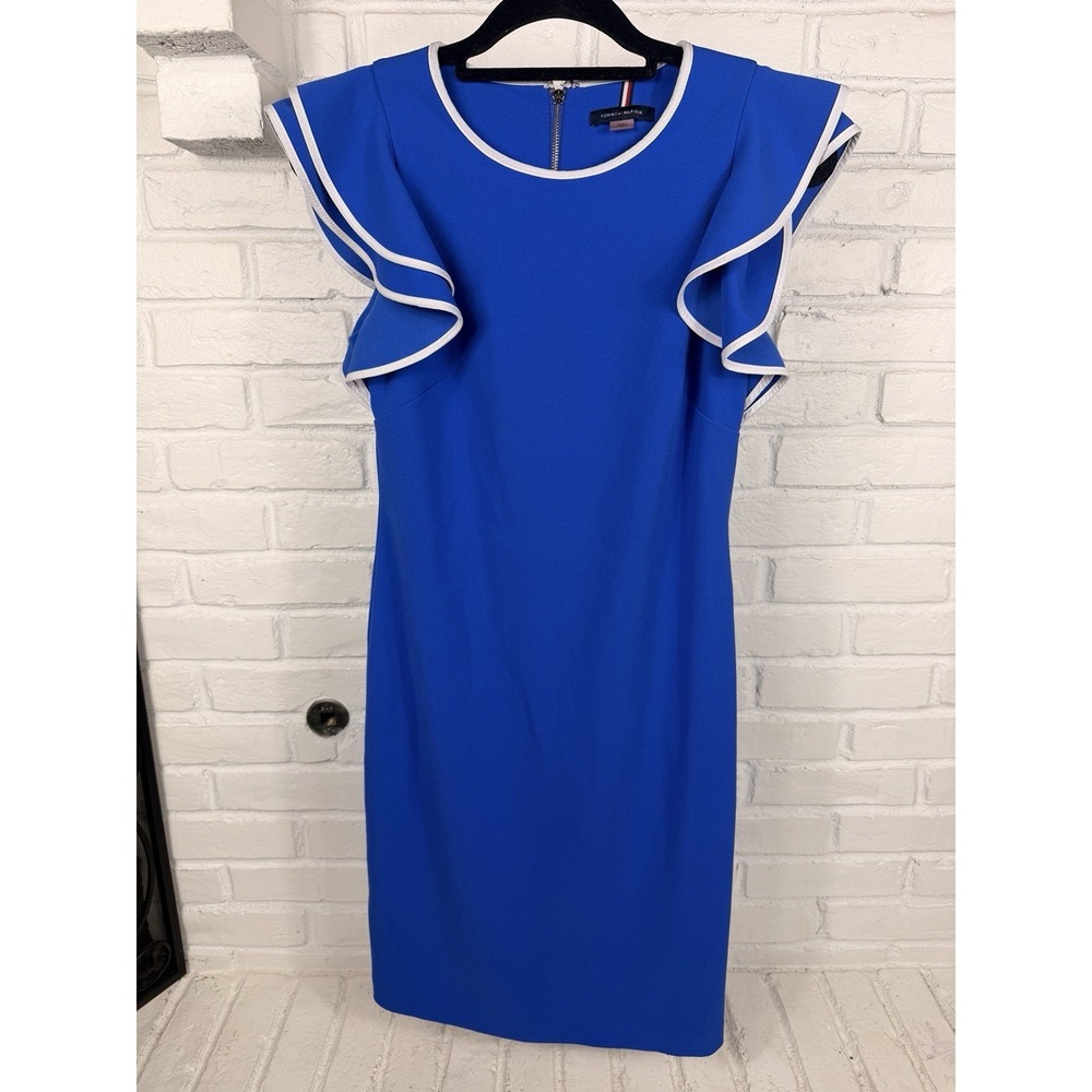 Tommy Hilfiger Dress Size 6 Cobalt Blue Ruffle Sleeve Sheath Career Midi